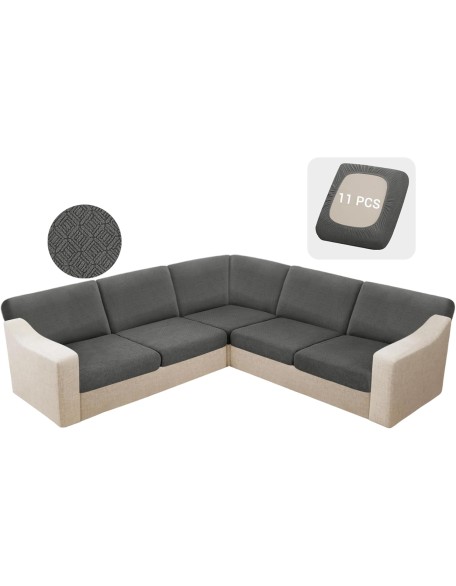 Waterproof Sectional Couch Cushion Covers 11 Pieces Stretch Jacquard L Shaped Corner Sofa Slipcover Back Cover Soft Sofa Seat Cushion Covers for Dogs Pet (5 Seater and 6 Backrest, Dark Gray)