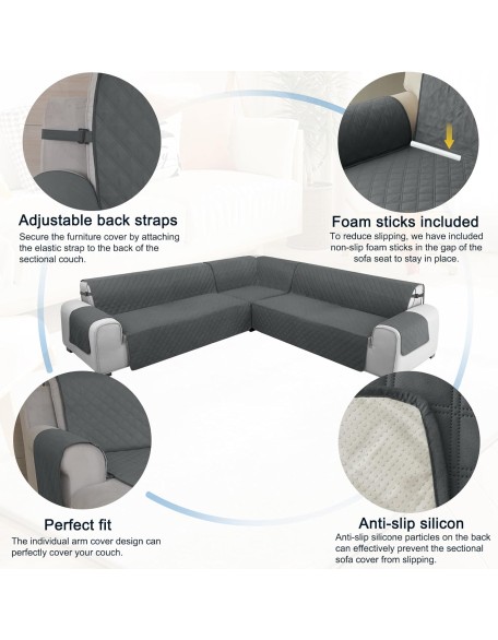 Waterproof 5-Piece Corner Sectional Couch Covers L Shaped Sofa Cover for Dogs U Shape Sofa Slipcovers with Anti-Slip Foams Soft Washable Furniture Protector for Pets (Dark Gray, Large)