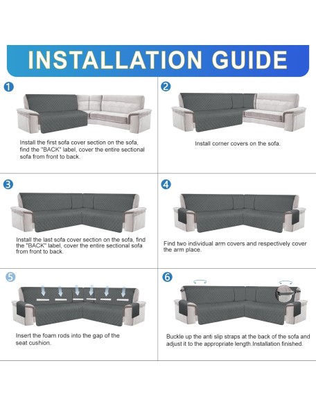 Waterproof 5-Piece Corner Sectional Couch Covers L Shaped Sofa Cover for Dogs U Shape Sofa Slipcovers with Anti-Slip Foams Soft Washable Furniture Protector for Pets (Dark Gray, Large)
