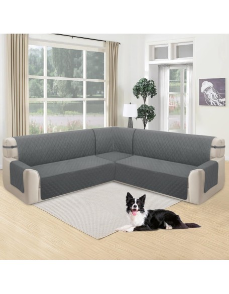 Corner Sectional Couch Covers L Shape Waterproof Sofa Cover Set Universal Quilted Slipcover Set 5 Piece U Shaped Non Slip Couch Cover Living Room Furniture Protector (Dark Grey, Large)