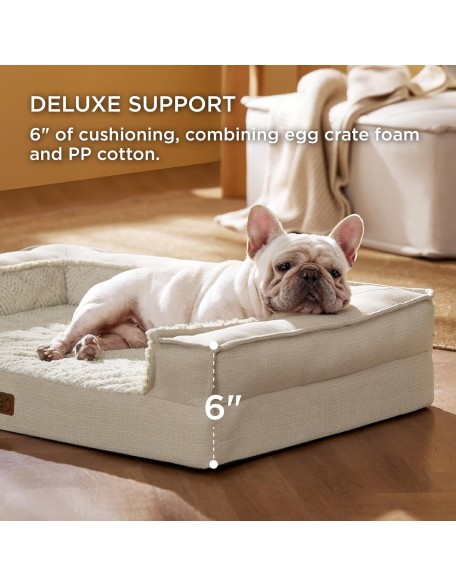 Orthopedic Dog Bed for Medium Dogs - Supportive Egg Foam Dog Sofa, Bolster Couch Pet Bed with Removable Waterproof Washable Cover, Comfy Plush Velvet Fluff Surface, Nonskid Bottom, Beige