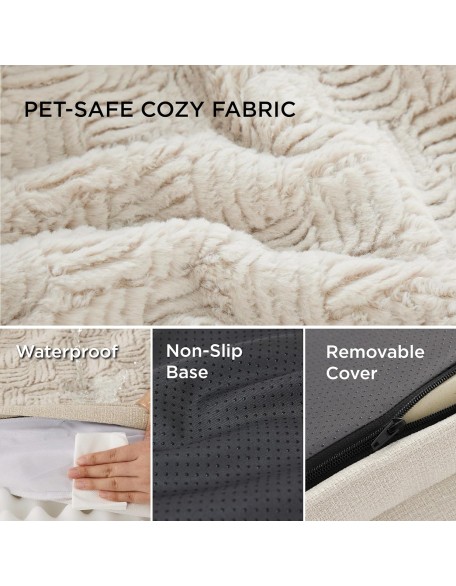 Orthopedic Dog Bed for Medium Dogs - Supportive Egg Foam Dog Sofa, Bolster Couch Pet Bed with Removable Waterproof Washable Cover, Comfy Plush Velvet Fluff Surface, Nonskid Bottom, Beige