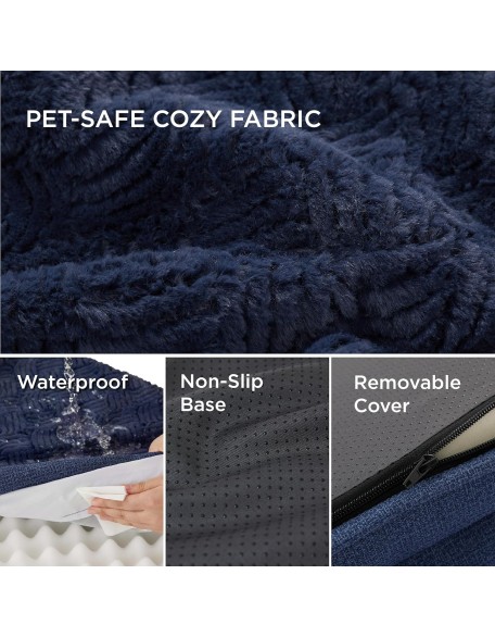 Orthopedic Dog Bed for Large Dog - Supportive Egg Foam Dog Sofa Bed, Bolster Couch Pet Bed with Removable Waterproof Washable Cover, Comfy Plush Velvet Fluff Surface, Nonskid Bottom, Deep Blue