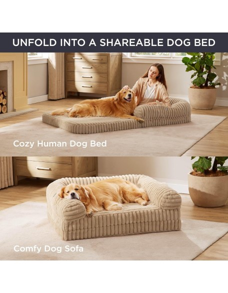Foldable Human Dog Bed for People Adult, 2 in 1 Corduroy Fleece Calming Human Size Giant Waterproof Dog Bed Fits Pet Families with Egg Foam, Faux Fur Orthopedic Dog Sofa, Tuscan Beige