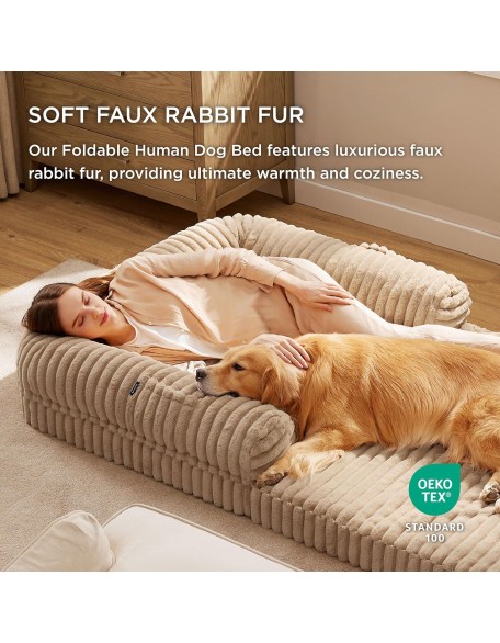 Foldable Human Dog Bed for People Adult, 2 in 1 Corduroy Fleece Calming Human Size Giant Waterproof Dog Bed Fits Pet Families with Egg Foam, Faux Fur Orthopedic Dog Sofa, Tuscan Beige
