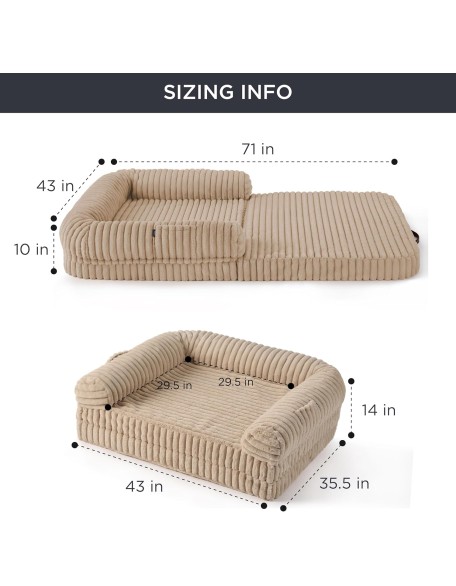 Foldable Human Dog Bed for People Adult, 2 in 1 Corduroy Fleece Calming Human Size Giant Waterproof Dog Bed Fits Pet Families with Egg Foam, Faux Fur Orthopedic Dog Sofa, Tuscan Beige