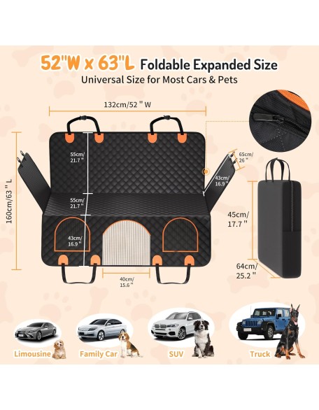 Hard Bottom Dog Car Seat Cover for Back Seat, Pet Cover with Waterproof and Scratch-Proof Extender for Dogs, Dog Hammock with Door Protection and Storage Pocket for Car SUV, Black
