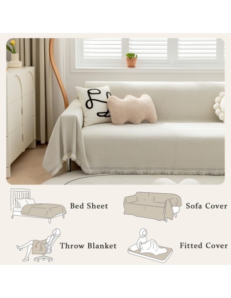 Sofa Covers Washable Dog Couch Cover Blanket Couch Covers for 3 Cushion Couch Sofa Pet Friendly, Chenille Soft Cover with Tassels (Beige, 91" x 118")
