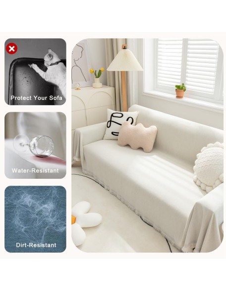 Sofa Covers Washable Dog Couch Cover Blanket Couch Covers for 3 Cushion Couch Sofa Pet Friendly, Chenille Soft Cover with Tassels (Beige, 91" x 118")
