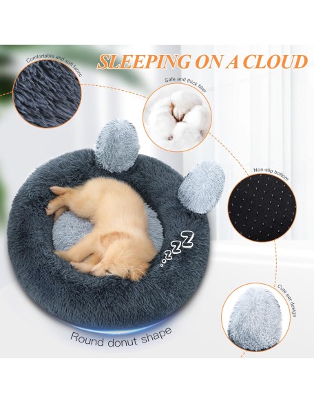 Calming Donut Dog Bed for Small Dogs and Cats, Anti-Anxiety Round Washable Pet Bed, Cute Fluffy Luxury Dog Cuddler Bed, Cozy Soft Cat Cushion Bed, 18" Grey