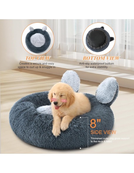 Calming Donut Dog Bed for Small Dogs and Cats, Anti-Anxiety Round Washable Pet Bed, Cute Fluffy Luxury Dog Cuddler Bed, Cozy Soft Cat Cushion Bed, 18" Grey