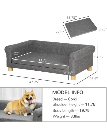 Modern Dog Couch Bed, Pet Sofa for Medium to Large Dogs or Cats, Elevated Pet Couch Sleeping Bed with Removable Seat Cushion, Dark Gray