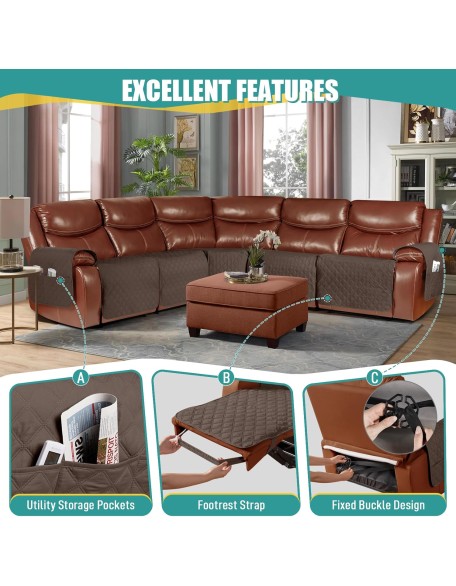 Oversized Recliner Sectional Couch Covers Waterproof Couch Covers for Reclining L Shape Sofa Non Slip 5 Seat Reclining Sectional Couch Covers Washable Sofa Covers with Pockets, Brown