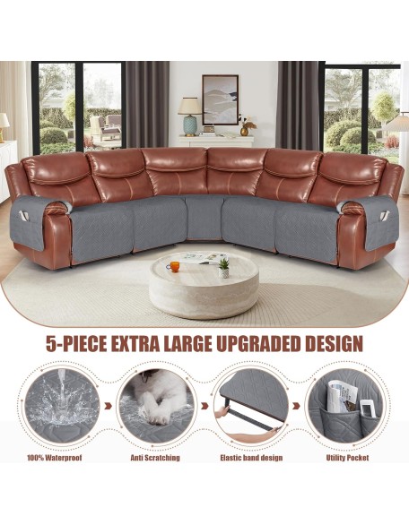 Extra Large Reclining Sectional Couch Covers, Waterproof 5-Piece Sofa Covers for L Shape Sectional Sofa Corner Seater Washable Slipcover for Pets, Dogs(5 Seat Recliner Cover, Dark Gray)
