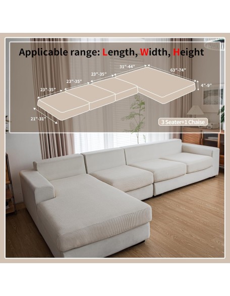 Couch Cushion Covers,Comfort Soft Magic Sofa Covers Washable Stretch Resistant for 3 Chair Cushion Couch Furniture Protector for Pets Sectional Slipcovers(3 Pieces+1 Chaise,Ivory)