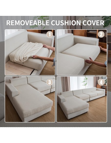 Couch Cushion Covers,Comfort Soft Magic Sofa Covers Washable Stretch Resistant for 3 Chair Cushion Couch Furniture Protector for Pets Sectional Slipcovers(3 Pieces+1 Chaise,Ivory)